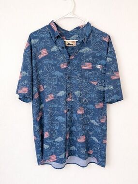 HUK Fishing Shirt Men’s XL Short Sleeve Button Up Fish Truck Flag Beer Boat